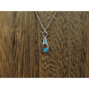 16" Silver Tone Turquoise And Coral Chip Pendant Necklace Vintage Costume